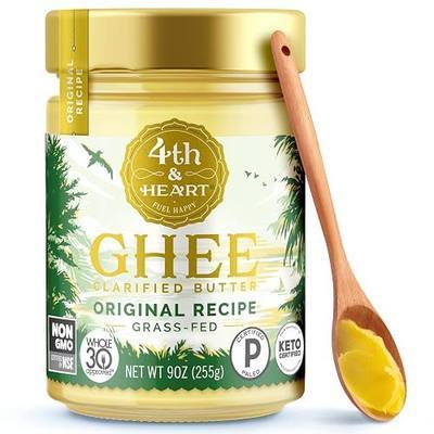 4th & Heart Original Grass Fed Ghee, Clarified Butter, 9 oz. | 100% Butterfat, Pasture-Raised, Supports Gut Health, Lactose & Casein Free, High Smoke Point, Keto & Paleo, Shelf-Stable.