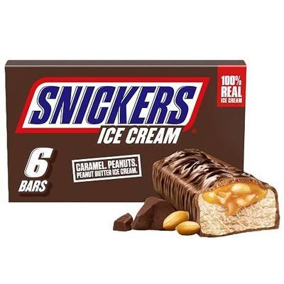 SNICKERS Ice Cream, Chocolate Caramel Peanut Butter Ice Cream Bars Individually Wrapped Dessert, 6 Pack, 2 Oz Bars