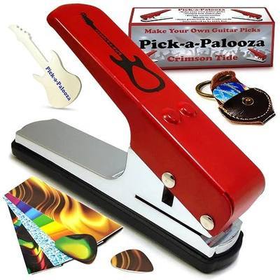 DIY Guitar Pick Punch Gift Pack - Premium Pick-Maker with Leather Key Chain Holder, 4 Strips and a File - Red
