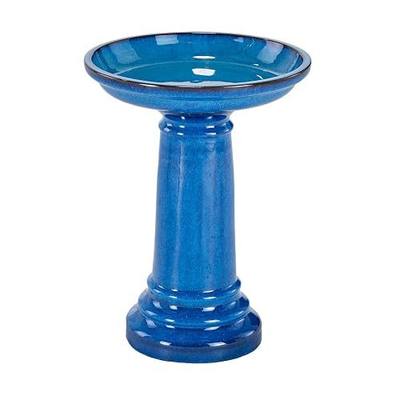 Smart Solar Aviatra Outdoor Ceramic Birdbath with Pedestal Stand and Glossy Finish, Elegant Traditional Birdbath for Garden, Blue