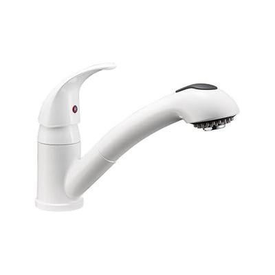 Dura Faucet DF-NMK852-WT RV Pull-Out Swivel Kitchen Sink Faucet (White) | One-hole, single-handle design with smooth lever control for galley cleanup. Easy DIY install with common hand tools.