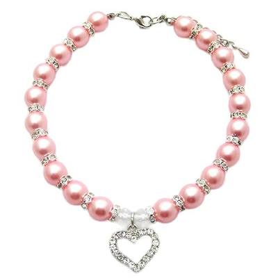 Designer Fancy Engraved Crystal Heart Pet Cat Dog Necklace Jewelry with Bling Pearls Rhinestones Charm Pendant for Pets Cats Small Dogs Female Puppy Chihuahua Yorkie Costume Outfits