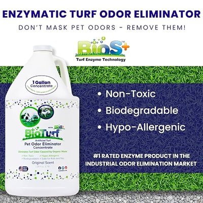 BioTurf BioS+ Turf Cleaner for Pet Urine Outdoor – Artificial Turf Cleaner Deodorizer Concentrate – Fake Grass & Yard Deodorizer for Dog Urine & Feces – Enzyme Kennel Odor Eliminator 1 Gallon