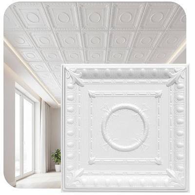 À LA MAISON CEILINGS R47 Romanesque Wreath Foam Glue-up Ceiling Tile (21.6 sq. ft./Case), Pack of 8, Plain White