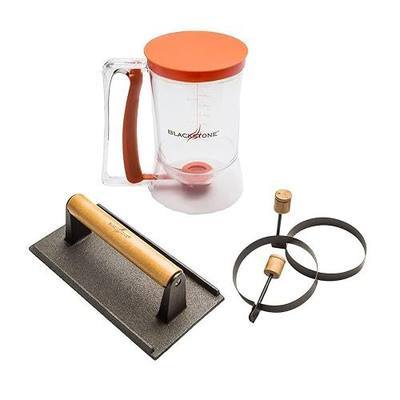 Blackstone 1543 Outdoor Griddle Breakfast Preparation Kit with Pancake Batter Dispenser, Cast Iron Bacon Press, and 2 Non Stick Steel Egg Rings | Batter Dispenser, Bacon Press, Two Egg Rings