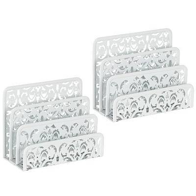 EasyPAG 2 Pack Mail Organizer with Hollow Floral Design, Metal Desktop Letter Sorter – 3 Compartments, No Assembly, Anti-Slip Feet for Office/Home Desk, White