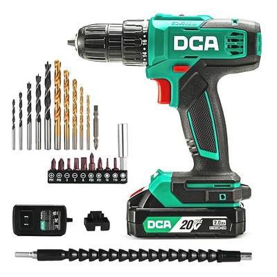 DCA Cordless Drill Set, 354 in-lbs Torque, 3/8" Keyless Chuck, Electric Power Drill with 2.0Ah Battery and Charger,18+1 Position,25-Piece 20V Drill Driver Kit, ADJZ2035