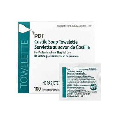 PDI Castile Soap Towelette, 1 Box of 100 Individually Wrapped 7.7"x5" Wipes, Gentle Soap Cleansing Towelettes for Personal Hygiene, Hand & Facial Cleaning, Travel & Patient Care