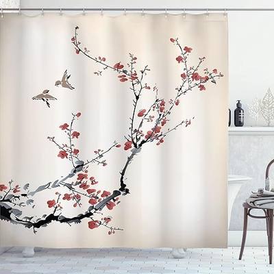 Ambesonne Nature Shower Curtain, Flowers Buds Birds with Cherry Branches Style Art Painting Effect, Cloth Fabric Bath Decoration for Bathroom House Decor Set with Hooks, 69" W x 70" L, Burgundy Black