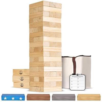 GoSports Giant Wooden Stacking Game - Stacks Up to 5 ft - Choose Brown Wood Stain, Gray, Natural, Stars & Stripes, or Tropical Hardwood - Toppling Tower