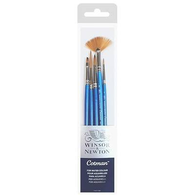 Winsor & Newton Cotman Short Handle Brushes, Set of 5, (Round 1 & 5, Rigger 3, Angled 1/8", Fan 2)