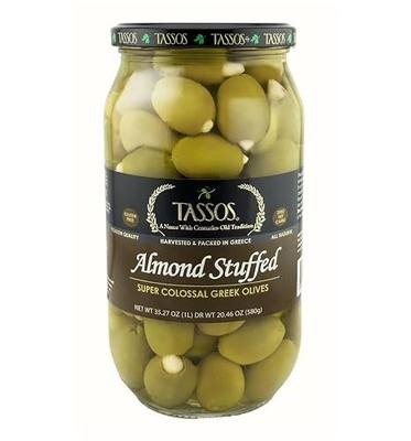 Tassos Almond Stuffed Halkidiki Super Colossal Olives 35.27 Oz