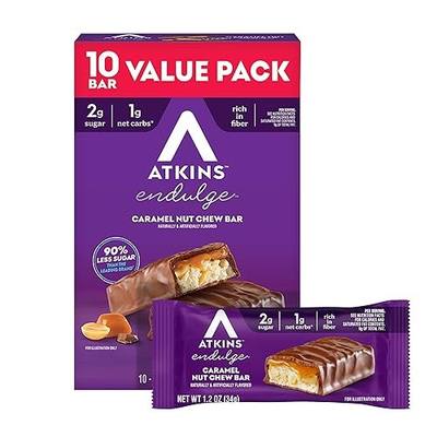 Atkins Endulge Caramel Nut Chew Bar, 2g Sugar, 10 Count | Good Source of Fiber, Peanutty Crunch with Chocolatey Coating and Smooth Caramel Flavor, Individually Wrapped 1.2oz Bars
