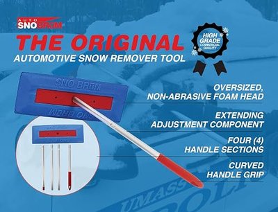 SNOBRUM - Snow Remover for Cars and Trucks - 28 to 63 Inch Automotive Snow Brush with Foam Head and 4 Piece Handle - Push-Broom Design - No-Scratch Snow Removal - 1 Pack