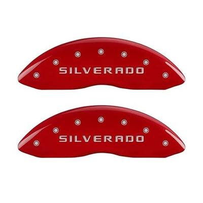 MGP Brake Caliper Covers for 2014-2018 Chevrolet Silverado | Requires 18"+ Wheels, Red Powder-Coated Aluminum, 4 PCS Front and Rear, Silverado Engraving