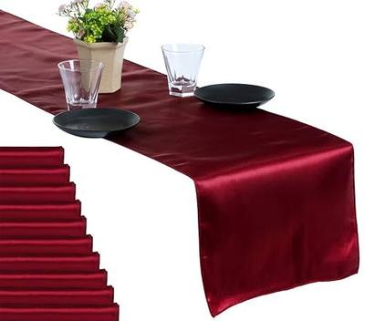 MDS Pack of 10 Satin Table Runners 12 x 108 Inch Long Wedding Sateen Bright Silk Smooth Table Runner for Wedding Reception Birthday Graduation Party Event Banquet Dinner Decoration - Maroon