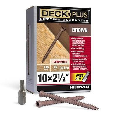 Deck Plus Composite Deck Screws, #10 x 2-1/2in, 1lb Box, 75 Pieces, Brown | Epoxy-coated steel, Star/torx drive with trap head, For composite decking and treated lumber, Self-tapping tip, no predrill