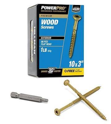 Power Pro Premium Exterior Wood Screws, #10 x 3in, 66 Pack, Bronze | Epoxy finish, T25 star drive with flat head, self-starting tip for decking and treated lumber, helps reduce wood splitting