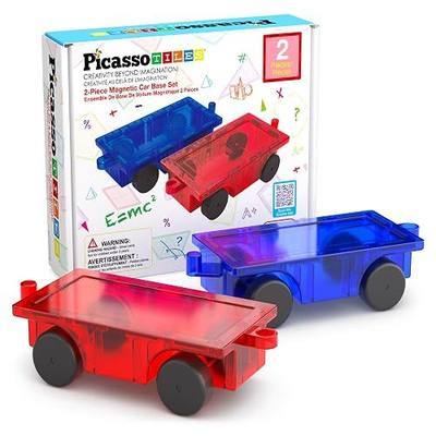 PicassoTiles Magnetic Vehicle Set, STEM Car Building Toy for Kids Ages 3+ | 2 wheelbase trucks, educational construction magnets, creative play accessories, active learning tiles, spatial development
