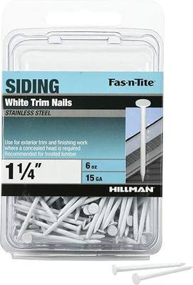 Siding Trim Nails, #15 x 1-1/4in, 6oz Pack, White | 304 stainless steel, Flat head with smooth shank for siding, soffit, fascia, and painted trim, Safe for treated lumber