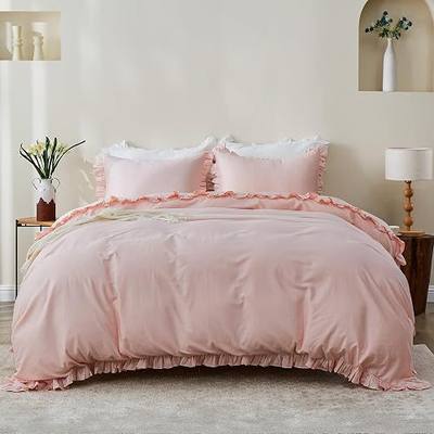 Simple&Opulence Kids Cotton Duvet Cover with Ruffled 78"x 86"- 3 Pieces Organic High End Floral Frill Lightweight Solid Color Bedding Comforter Cover with 2 Pillowcases, Peach Pink, Full
