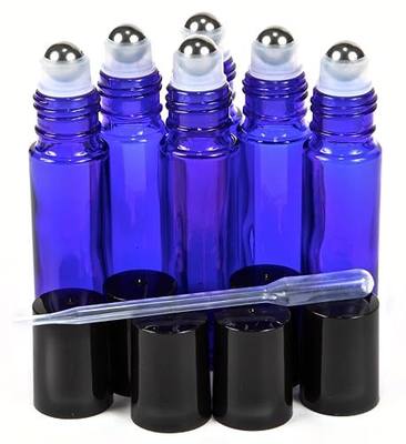 Vivaplex Cobalt Blue 10ml Roll-On Bottles with Stainless Steel Balls - 6 pk | Stainless Steel Roller Balls, .5 ml Dropper Included