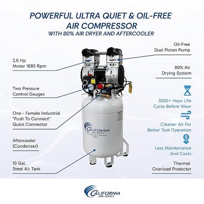 California Air Tools 10020DC Powerful 2.0 HP Ultra Quiet, Oil-Free Air Compressor, 10 Gallon Tank Capacity, 70 dB Noise Level, Electric, with 80% Air Dryer and Aftercooler, White