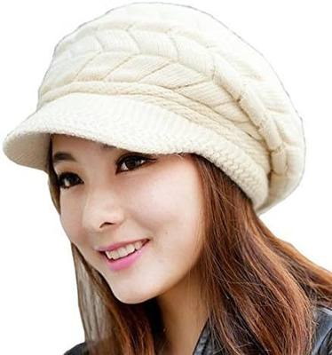 Gellwhu Women Girl's Winter Warm Knit Hat Wool Snow Ski Caps with Visor (Beige)