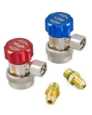 OMT R134a Quick Coupler Adapter Adjustable High Low Connectors | Aluminum & Nickel-Plated Bronze Build; Adjustable Knobs; Leak-Free 6-Ball Design; Auto AC Repair for Technicians