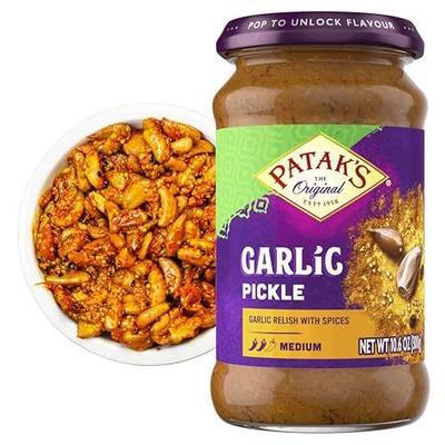 Patak’s Garlic Pickle - Authentic Indian Relish w/Garlic Cloves, Raisins & Aromatic Spices - Perfect for Sandwiches, Curries & Cold Meats - Vegan Medium Heat Spicy Pickle - 10.6oz Jar (Pack of 1)