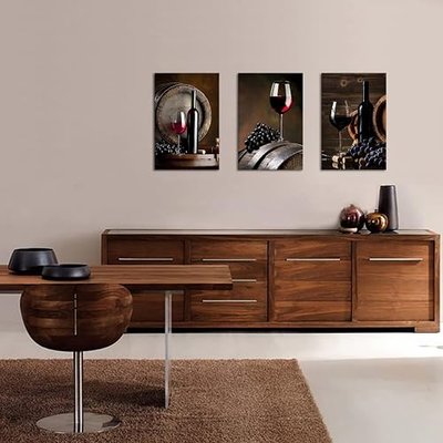 Sea Charm - 3 Piece Canvas Wall Art Red Wine Painting for Wall Decor Grape Pictures Stretched and Framed Vintage Living Room Kitchen Decorations Theme Sets