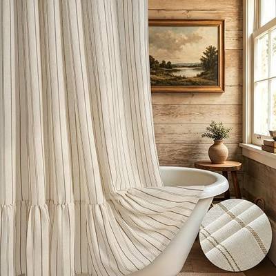 Yinhua Farmhouse Ruffle Shower Curtain, Striped Linen Shower Curtain Set with 12 Hooks for Bathroom, Vintage Tan Bath Curtains Waterproof Weighted Cloth, 72" W x 72" L