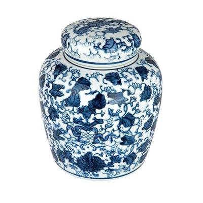 Creative Co-Op Blue & White Ceramic Ginger Jar with Lid