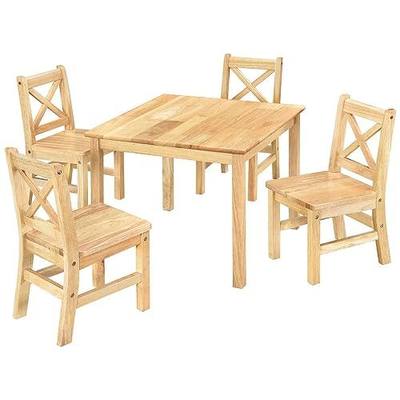 eHemco Solid Hard Wood Kids Table and Chair Set, Natural, 5 Piece | 4 Chairs Included, Rubberwood