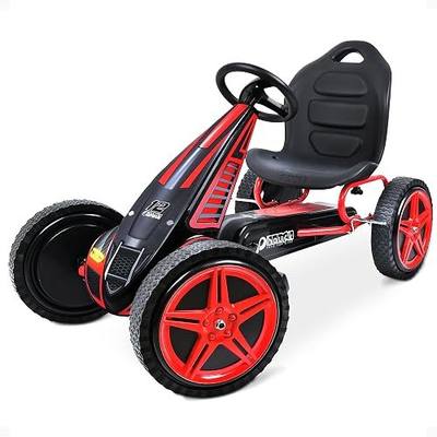 Hauck Hurricane Pedal Go-Kart Sporty Graphics Race Design with Large 12" Rim Wheels, Adjustable Bucket Seat,Red, Ages 4+ | Outdoor Ride-On Bicycle Cart with Rubber Tires for Boys and Girls with Adjustable Bucket Seat and Advanced Handbrakes