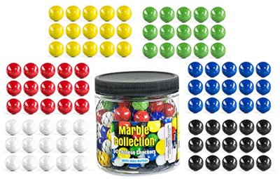 Chinese Checkers Glass Marbles. Set of 90, 15 of Each Color. Size 9/16” (14mm), with Practical Container…