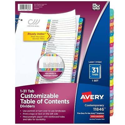 Avery 1-31 Dividers for 3 Ring Binders, 31 Tabs per Set, Customizable Table of Contents, Multicolor Arched, Great for Organizing Reports, Projects, and More, 11846
