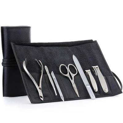 GERMANIKURE 7pc Manicure Set in Black Leather Case - FINOX Stainless Steel Tools Made in Germany, Glass Nail Care Supplies Made in Czech Republic – Professional Cuticle and Nail Care Kit