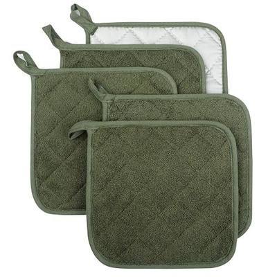 Pot Holders for Kitchen, 100% Cotton Terry Pot Holder Set of 5, Heat Resistant Hot Pads for Cooking, Baking, Hot Dishes and Countertop Protection, Olive Green