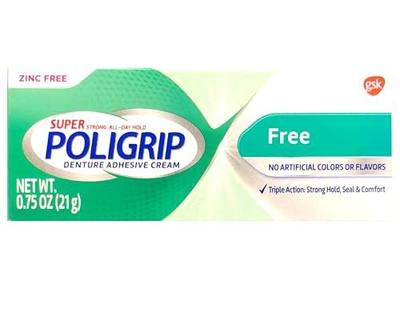 Poligrip (Pack of 5) Super Denture Adhesive Cream - Strong, All-Day Hold, Zinc Free, No Artificial Flavors or Colors - 0.75 Oz Each