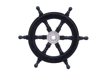 Hampton Nautical Deluxe Class Black Wood and Chrome Decorative Pirate Ship Steering Wheel 12" - ation