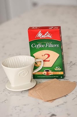 Simply Charmed Ceramic Pour Over Coffee Maker with 40 Count Melitta Filters - Elegant Single Serve Coffee Dripper for Rich Brewed Pour Over Coffee - Base Measures 4", Height 3" - Brews 8-16 oz