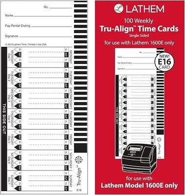 Lathem TruAlign E16 Time Cards for 1600E, Weekly, 1-Sided, 4" x 9", White, Box of 100, (E16-100)