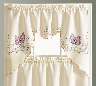 GOHD Dancing Butterfly 3pcs Embroidery Cafe Curtains with cutworks,Lavender