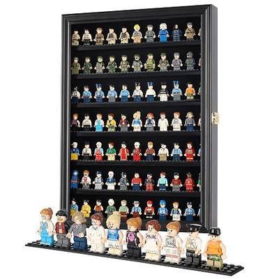 Minifigure Display Case - Building Block Toy Wall Cabinet Showcase for Small Miniature Collectibles Mini Brands Thimbles, 2.25" Shelf Height Lockable UV Protection Door (Black Finish Frame)