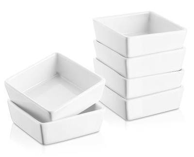 DOWAN Creme Brulee Ramekins 6 oz Oven Safe, Small Ceramic Square Ramekin, Custard Cups Souffle Baking Dish, Dipping Bowls Soy Sauce Dish Appetizer Plates, Set of 6, Soft White
