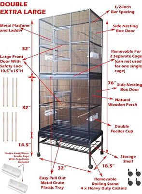 76" Extra Large Double Stackable Wrought Iron Breeding Bird Parrot Cockatiel Conure Breeder Flight Cage Double Feeder Cups Side Breeding Doors Eash Clean Pull Out Tray with Detachable Rolling Stand