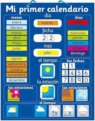 Fridge Magic Magnetic My First Learning Calendar in Spanish. Rigid Board 16" x 13", 40 x 32cm with Hanging Loop. Move Magnets Daily to Show Day, Date, Month, Season and Weather
