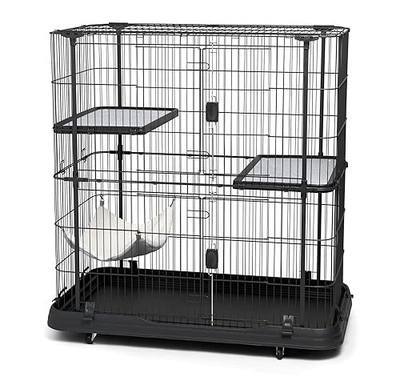 Prevue Pet Products Deluxe Cat Home - Cat Cage Home with 3 Levels, Spacious Indoor Pen, Includes Hammock, Durable & Easy to Clean Kennel, with Rolling Wheel Casters - Black