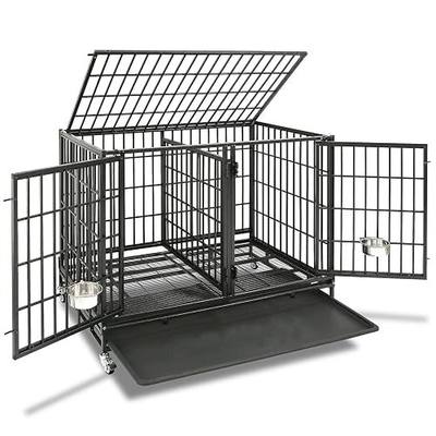Homey Pet Stackable 43 inch Dog Crate Cage Kennel Indoor with Divider, 2X Steel Bowls, 4X Lockable Wheels, Tray, Heavy Duty Wire Dog Crates for Large/Medium/Small Dogs (Tall Model) | Drop Cage for Dogs with Lockable Wheels, Bowls, Removable Tray, Top Access, Ideal for Small to Medium & Large Dogs, B